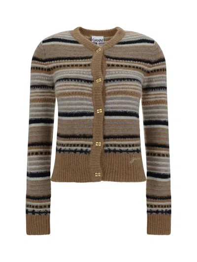 Ganni Women Cardigan With Stripe Pattern In Brown