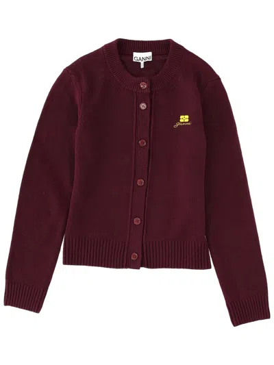 Ganni Cardigan With Logo In Bordeaux