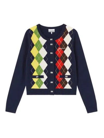 Ganni Cardigan With Logo In Blue