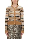 Ganni Multicolor Striped Cardigan With Logo Embroidery In Wool Woman
