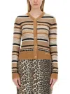 Ganni Multicolor Striped Cardigan With Logo Embroidery In Wool Woman In Beige