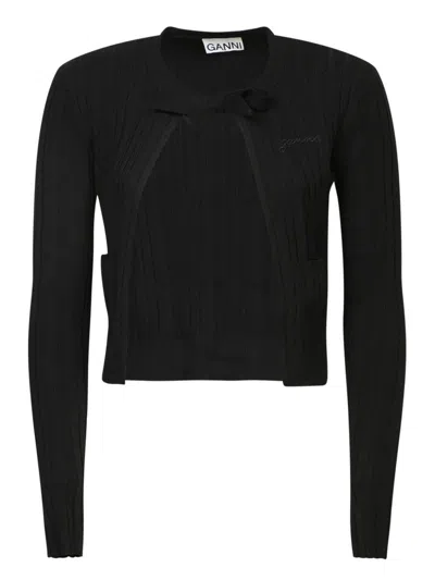 Ganni Ribbed Tie-fastening Cardigan In Black