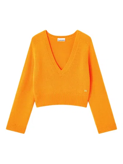 Ganni Cashmere Deep-v-neck Sweater In Orange