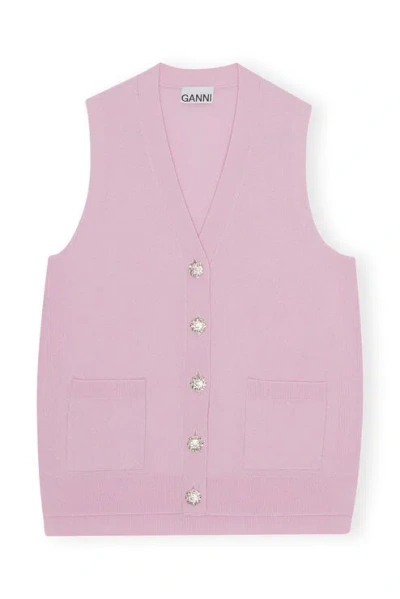 Ganni Sleeveless Cashmere Mix Button Vest In Pink Tulle