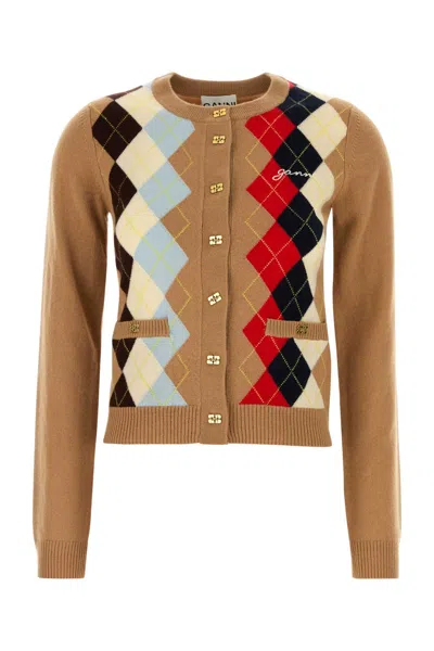 Ganni Wool Blend Argyle Cardigan Front Pockets In Nude