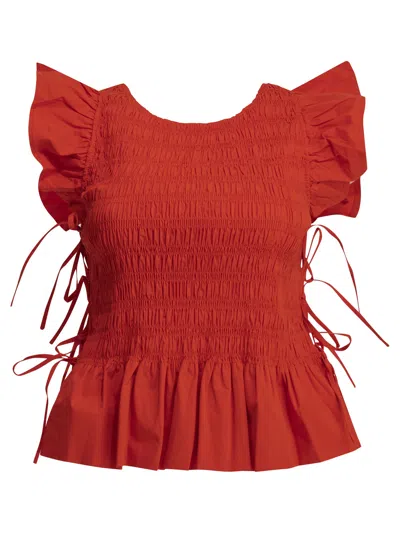 Ganni Ruched Cotton Top With Side Bows In Red