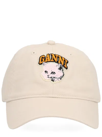 Ganni "cat" Baseball Hat With Logo In Brown