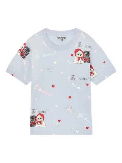 Ganni Cat-print Short-sleeve Top In Gray