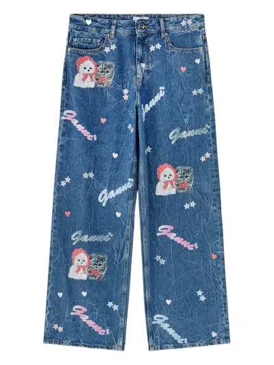 Ganni Cat-print Star-embellished Jeans In Blue