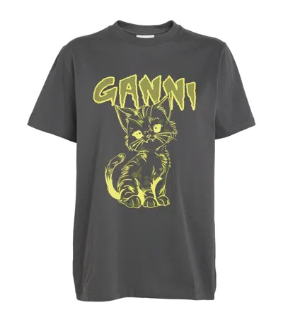 Ganni Cat Print T-shirt In Black