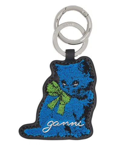 Ganni Cat-shaped Keyring In Blue