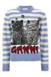 Ganni Light Blue Crewneck With Maxi Logo Print On The Front And All-over Striped Motif