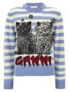 Ganni Light Blue Crewneck With Maxi Logo Print On The Front And All-over Striped Motif In Multicolor