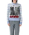 Ganni Light Blue Crewneck With Maxi Logo Print On The Front And All-over Striped Motif In Multicolor