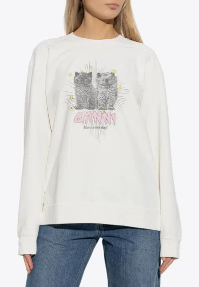 GANNI CATS PRINT CREWNECK SWEATSHIRT