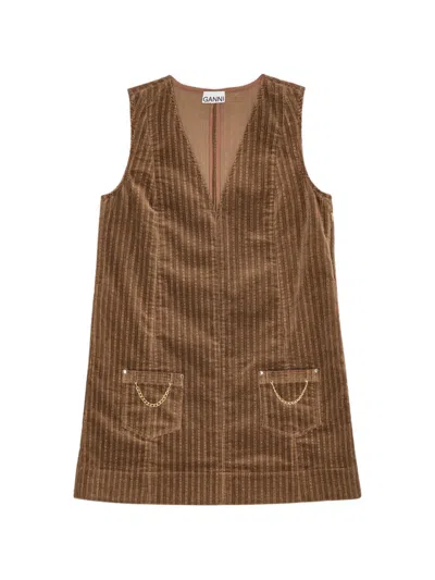 Ganni Chain-pocket Corduroy Mini Dress In Brown