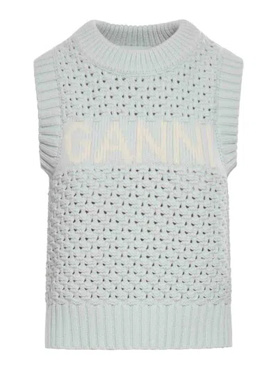 Ganni Textured Knit Vest With Statement Logo And Comfortable Fit In Blue