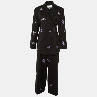 Pre-owned Ganni Charcoal Grey Embroidered Wool Wrap Blazer & Pants Set M