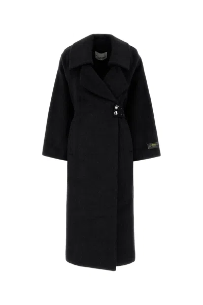 Ganni Charcoal Wool Blend Coat In Black