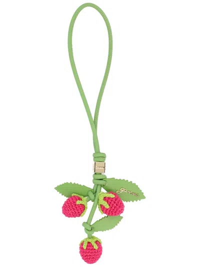 Ganni Leather-crochet Raspberry Bag Charm In Green