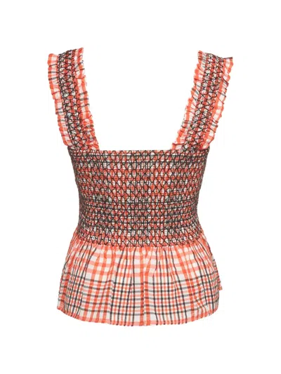 Pre-owned Ganni Charron Smocked Seersucker Top In Red