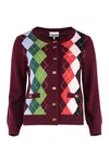 Ganni Burgundy Checked Cardigan In Cashmere Blend Women In Burgundy