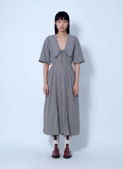 Ganni Check Cotton Cut Out Midi Dress In Gray