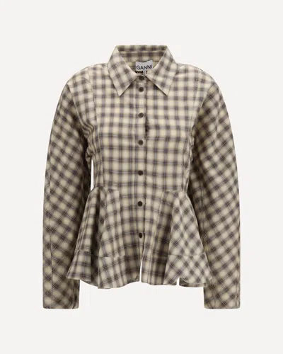Ganni Check Flannel Peplum Shirt In Brown