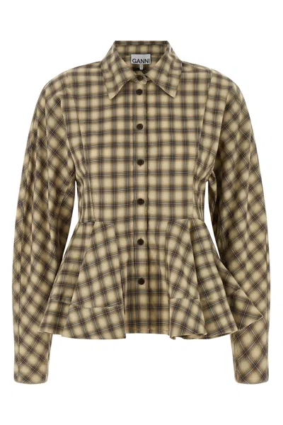 Ganni Checked Peplum Shirt Jacket In Brown