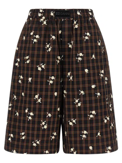 Ganni Check Floral-embroidered Cotton Bermudas In Black