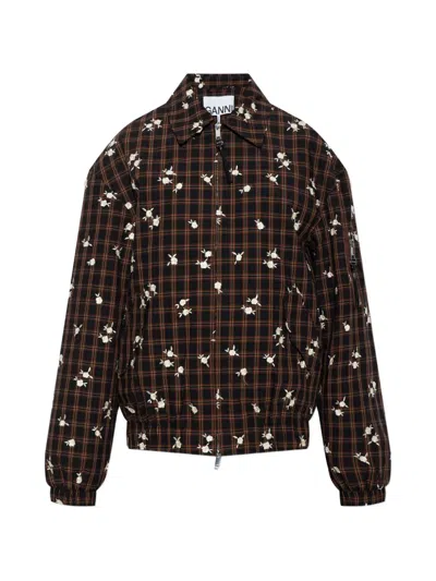 Ganni Check Flower Bomber Jacket Collared Hem In Brown