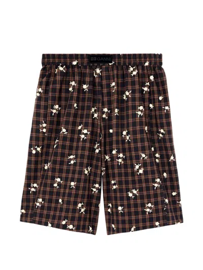 Ganni Flower Check Loose Fit Bermuda Shorts In Brown
