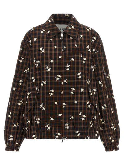 Ganni Check Flower Bomber Jacket Collared Hem In Brown