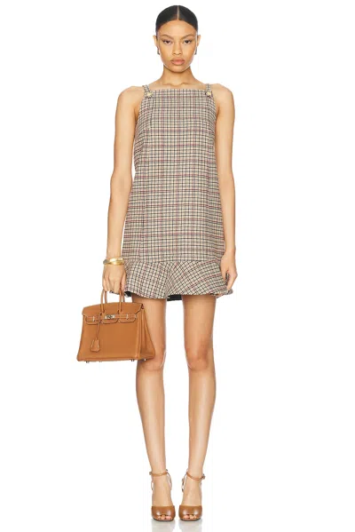 Ganni Pleated Checkered Sleeveless Gown With Ruffle Hem In Brown