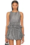 Ganni Crinkled Check Frill Top In Black