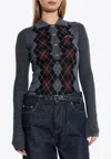 Ganni Grey Sweater With Classic Collar And Check Motif On The Front In Wool Woman In Gray