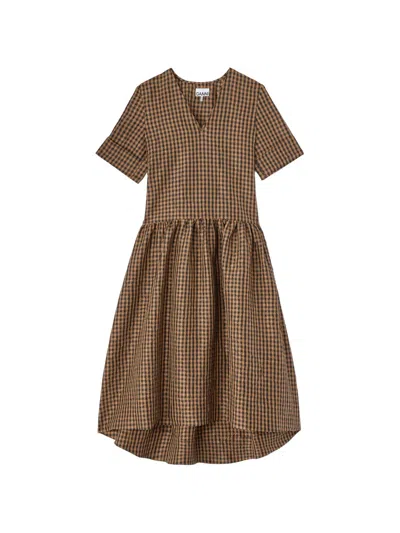 Ganni Crinckled Taffeta Checkered Dress Gathered Waist In Brown