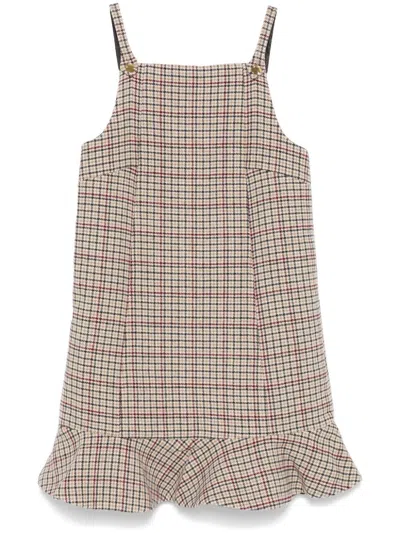 Ganni Pleated Checkered Sleeveless Gown With Ruffle Hem In Brown