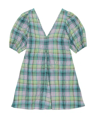 【送料関税込】GANNI Seersucker Check V-Neck Mini Dress Ganni Seersucker V-Neck Mini Dress - Mini Check Green
