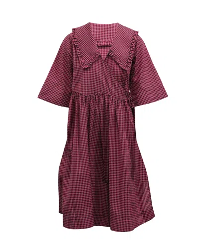 Ganni Check Print A-line Dress In Pink Cotton