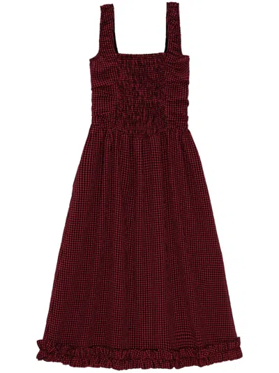 Ganni Check-print Midi Dress In Winery