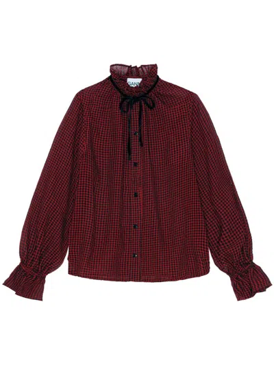 Ganni Check-print Ruffle-collar Shirt In Red