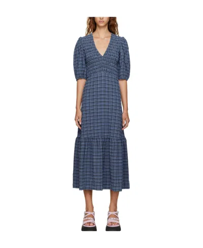 Ganni Check-print Seersucker Midi Dress In Blue