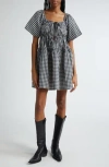Ganni Check-print Mini Dress In Egret