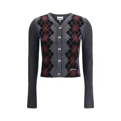 Ganni Check Cardigan In Gray