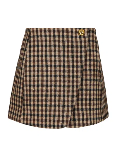GANNI CHECK WOOL MIX SKIRT SKIRTS BROWN