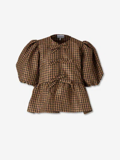 Ganni Checked Blouse With Ties In Brown
