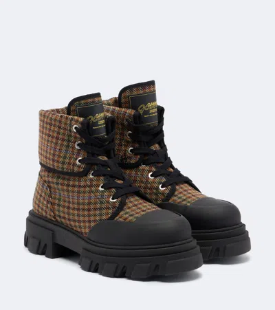 Ganni Cleated Canvas Wool Boots Multicolour In Pink