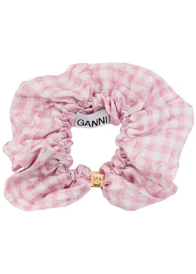 Ganni Checked Crinkled Taffeta Scrunchie In Pink