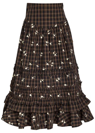 Ganni Checked Floral-embroidered Cotton-poplin Midi Skirt In Brown